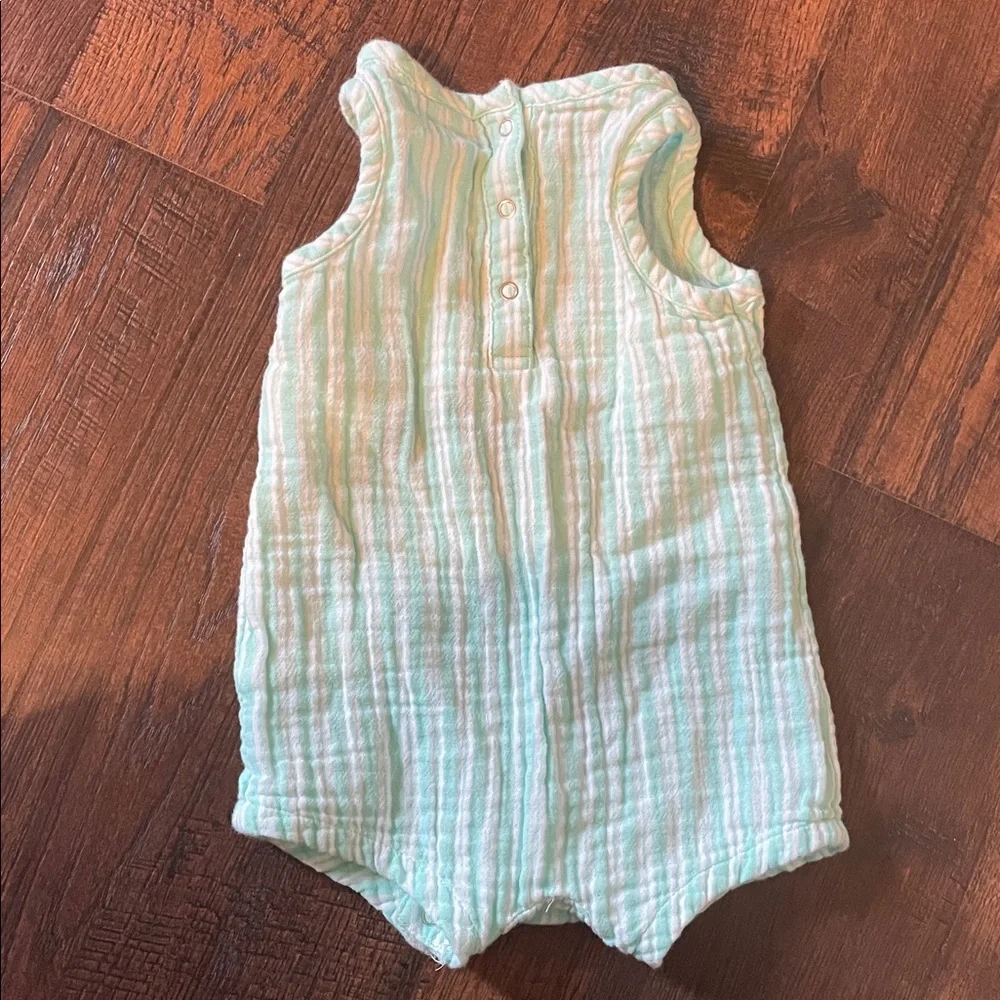 Old Navy Mint and White Striped Baby Romper with Flower Graphic